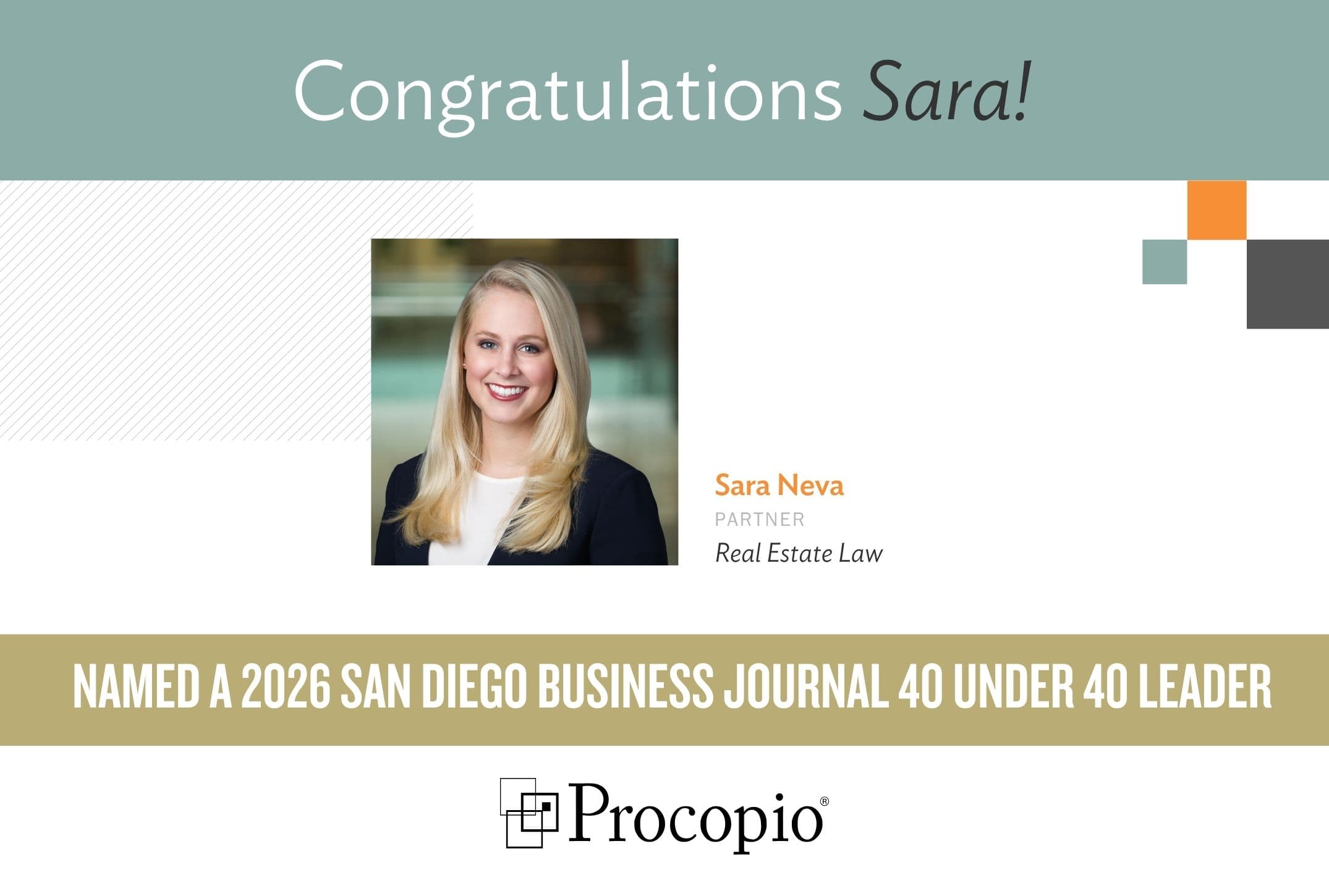 Real Estate Partner Sara Neva Receives Another Top Accolade, Named 40 Under 40 Leader by San Diego Business Journal